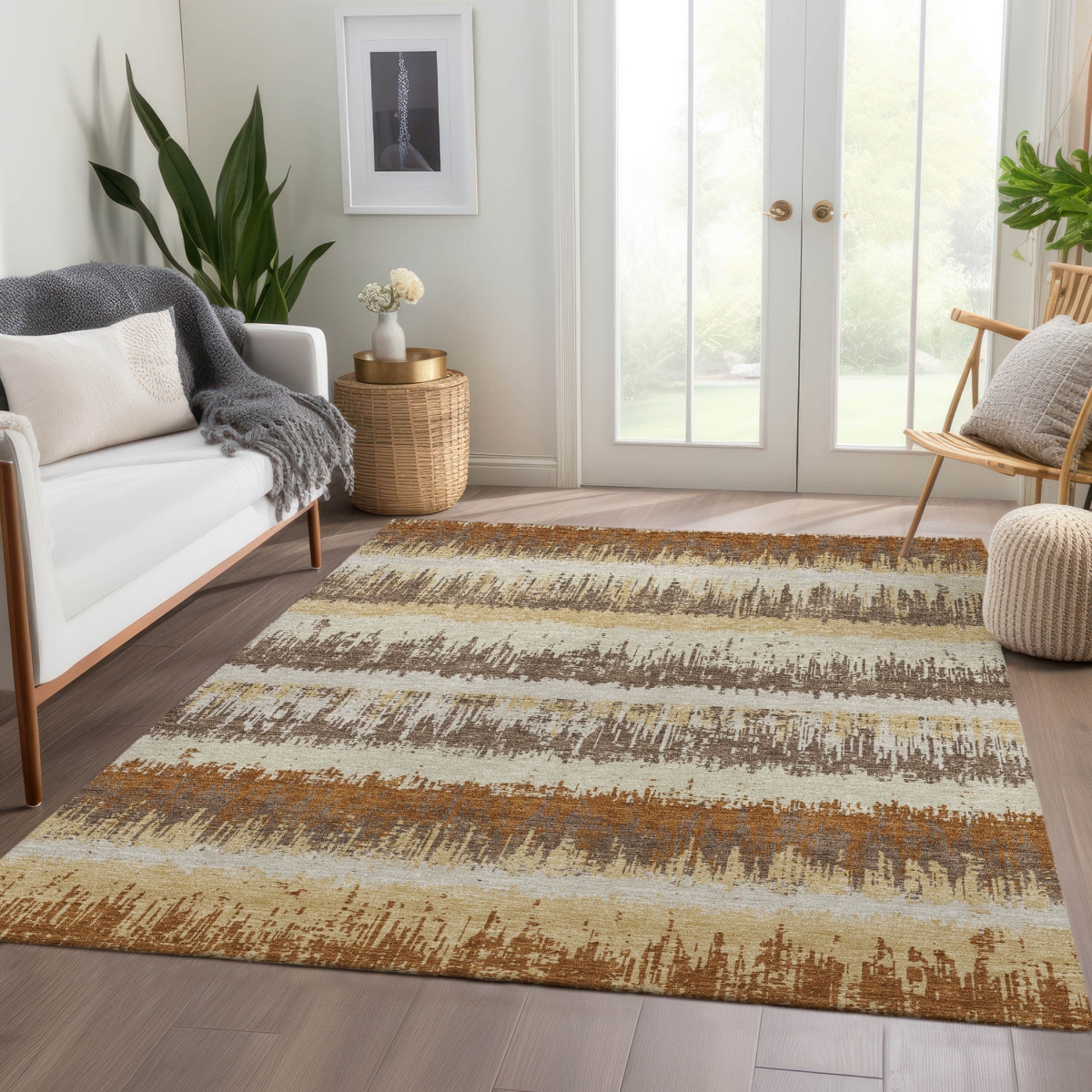 679524 5 x 8 ft. Coffee Beige & Copper Striped Washable Machine Made Rectangle Area Rug with UV Protection