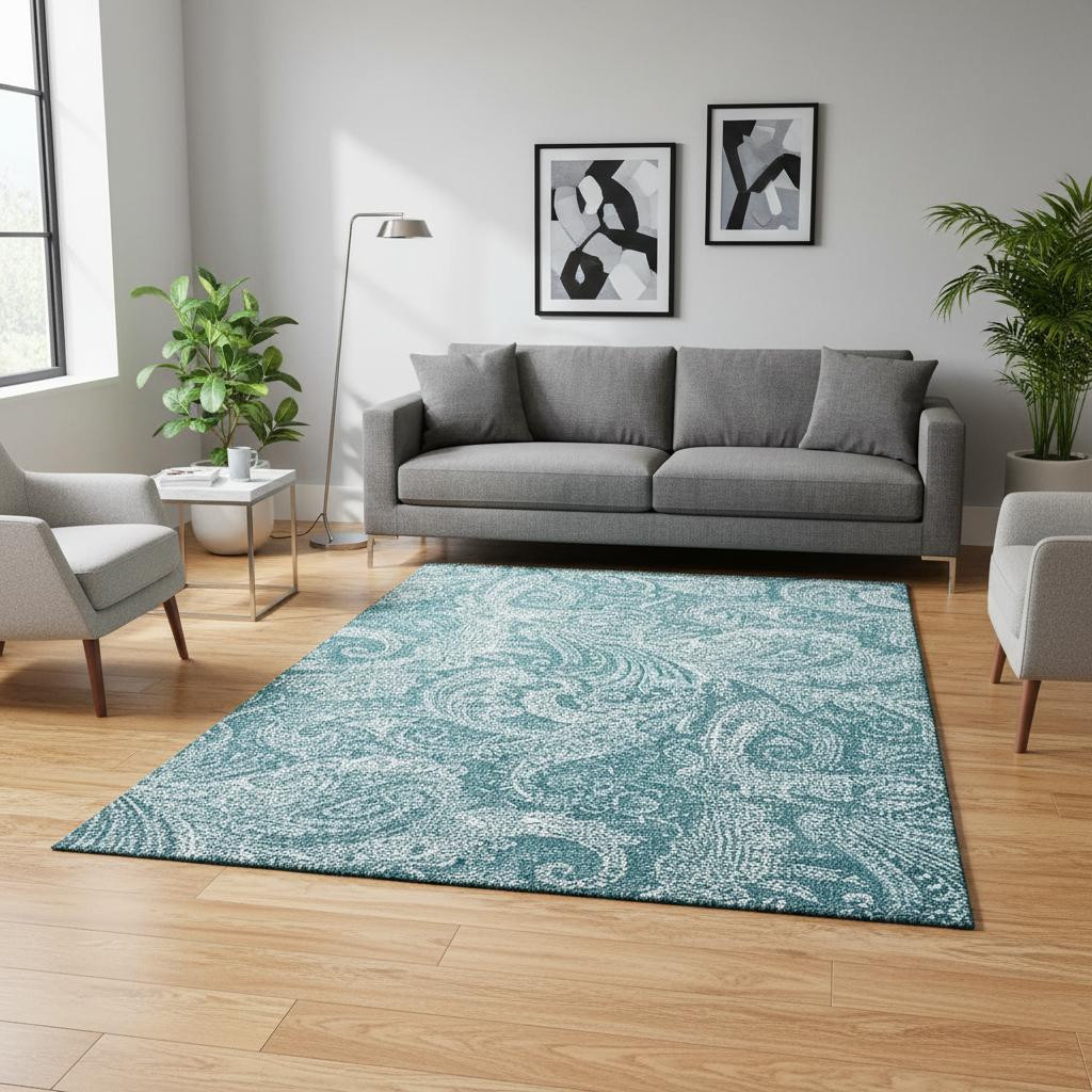 654688 5 x 8 ft. Turquoise & Ivory Paisley Transitional Washable Machine Made Rectangle Area Rug with UV Protection