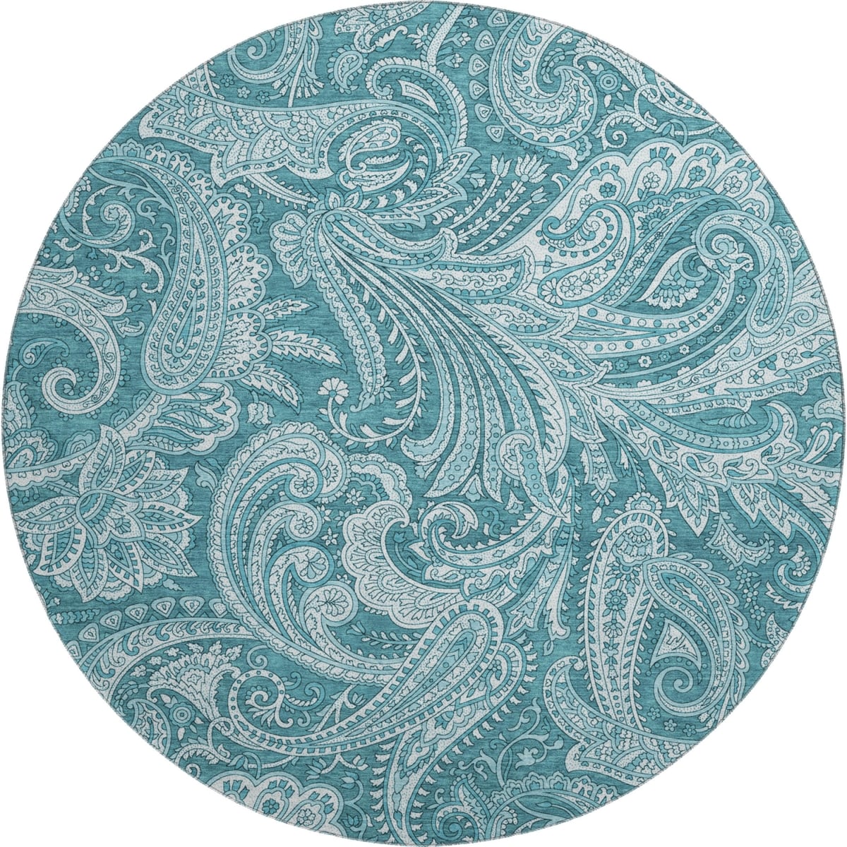 654689 8 ft. Turquoise & Ivory Paisley Transitional Washable Round Area Rug with UV Protection