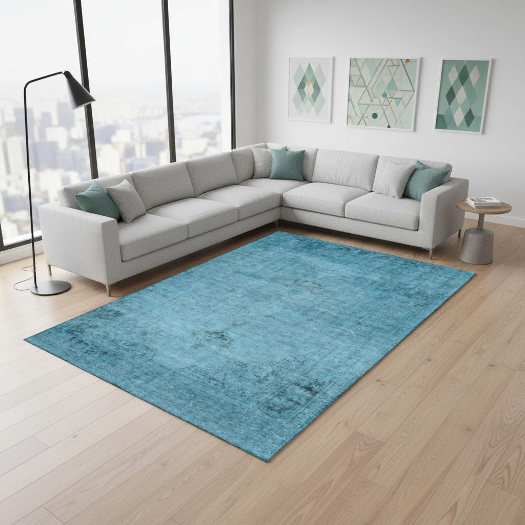 654874 10 x 14 ft. Blue & Gray Oriental Washable Machine Made Rectangle Area Rug with UV Protection