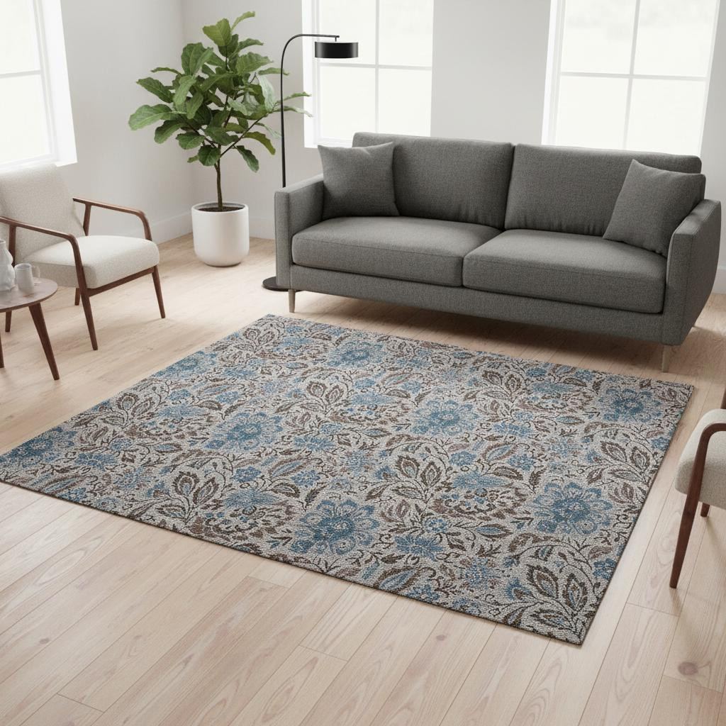 654990 5 x 8 ft. Coffee & Blue Floral Washable Machine Made Rectangle Area Rug with UV Protection