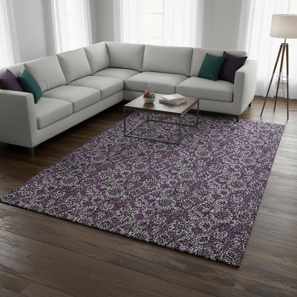 655052 8 x 10 ft. Eggplant & Gray Floral Transitional Washable Machine Made Rectangle Area Rug with UV Protection
