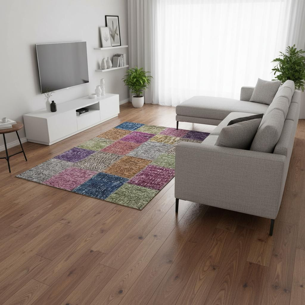 655160 8 x 10 ft. Copper Blue & Purple Patchwork Washable Machine Made Rectangle Area Rug with UV Protection