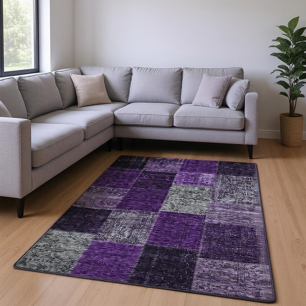 655166 8 x 10 ft. Eggplant Gray & Purple Patchwork Washable Machine Made Rectangle Area Rug with UV Protection