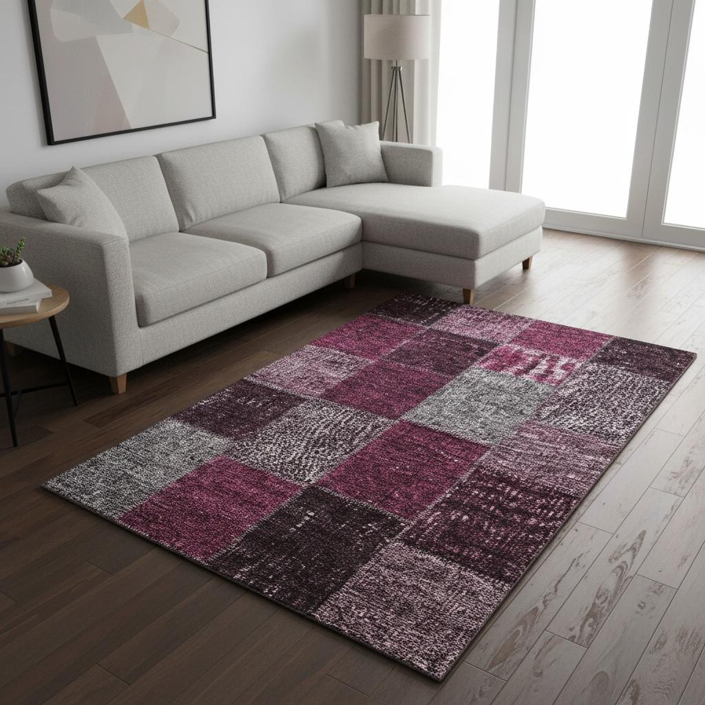 655180 10 x 14 ft. Merlot Gray & Burgundy Patchwork Washable Machine Made Rectangle Area Rug with UV Protection