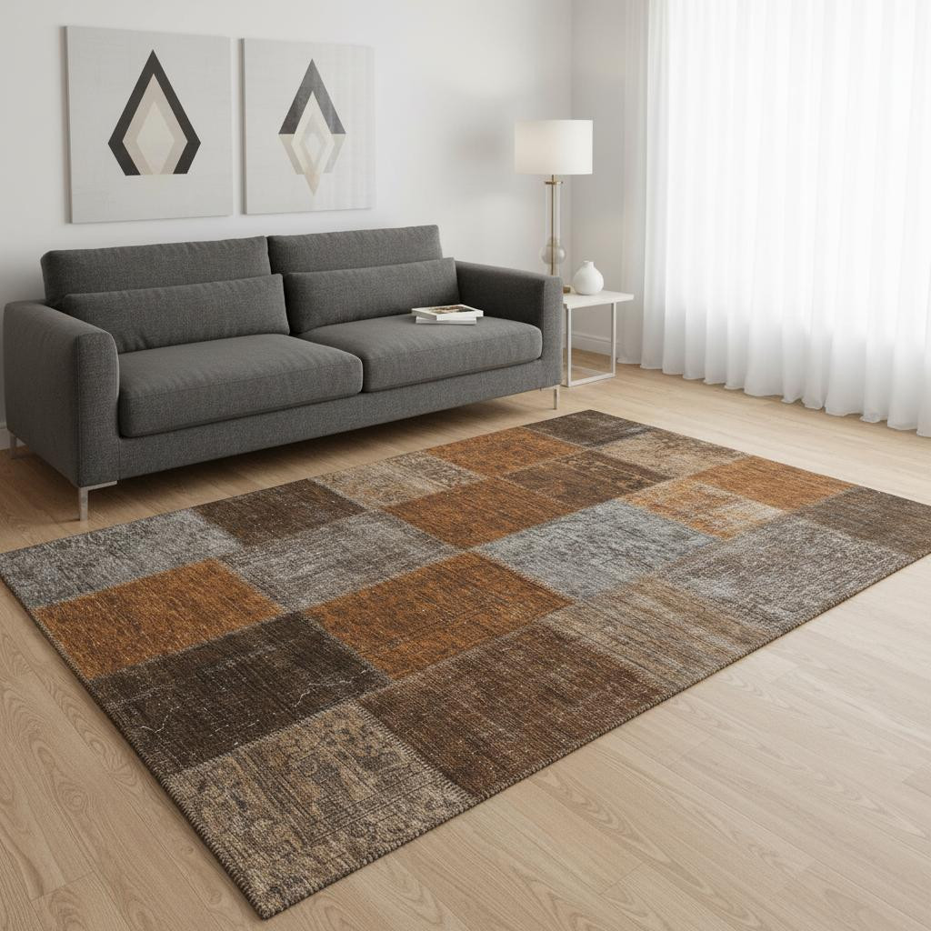 655200 5 x 8 ft. Rust Brown & Gray Patchwork Washable Machine Made Rectangle Area Rug with UV Protection