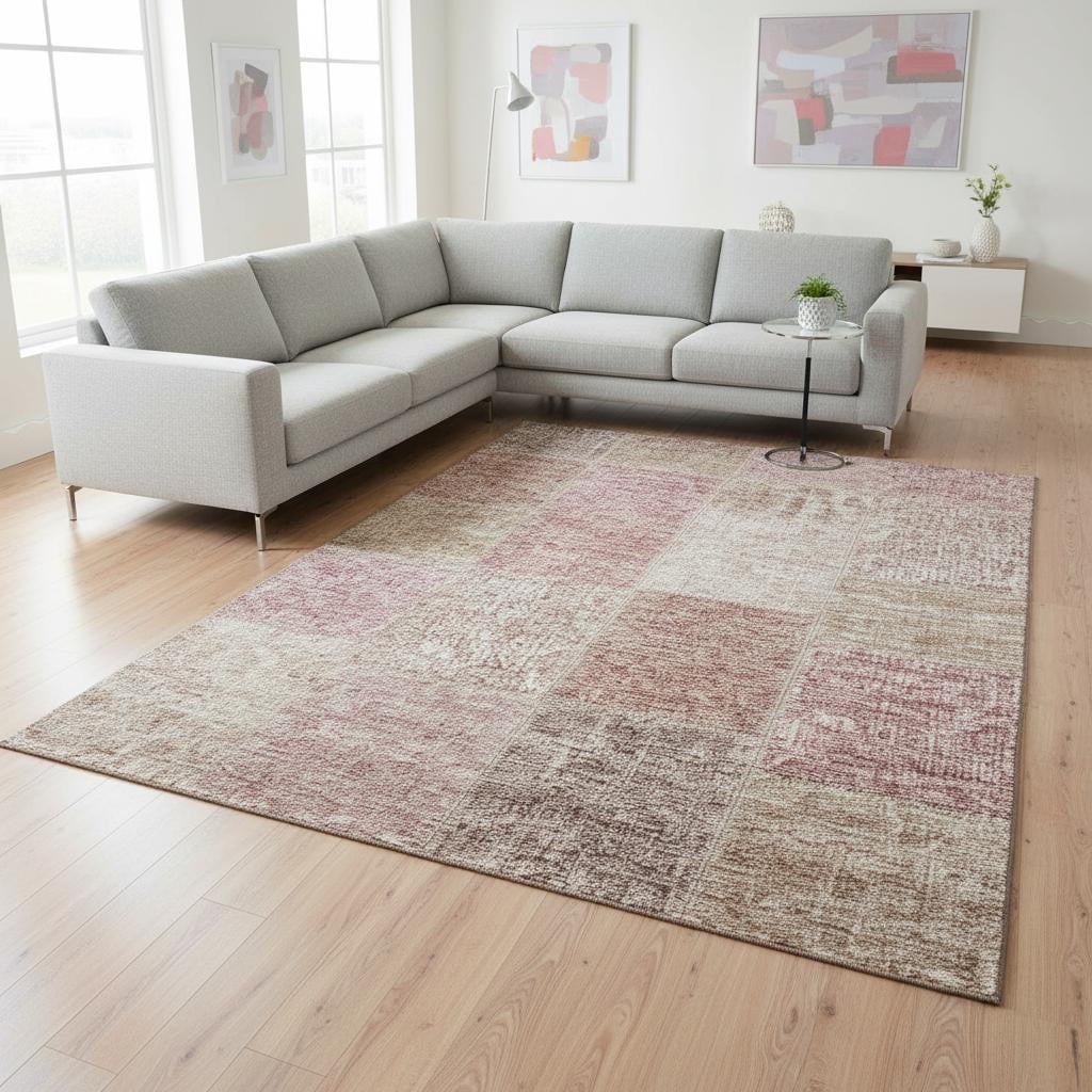 655221 9 x 12 ft. Blush & Beige Patchwork Washable Machine Made Rectangle Area Rug with UV Protection