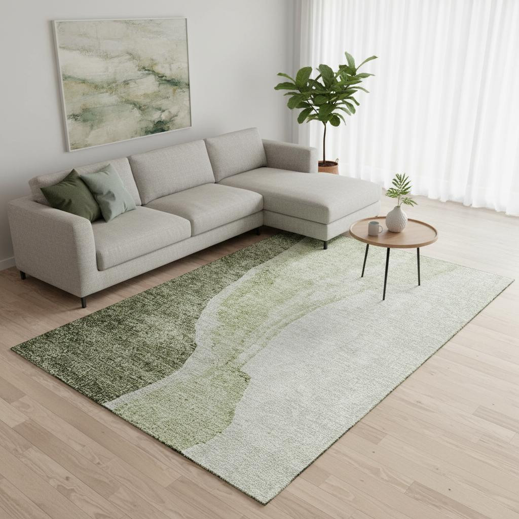 655331 10 x 14 ft. Olive Green & Ivory Abstract Transitional Washable Machine Made Rectangle Area Rug with UV Protection