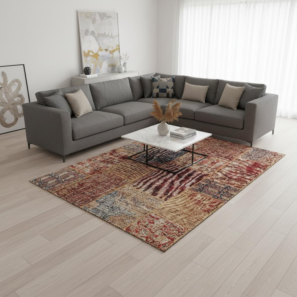 655461 8 x 10 ft. Red Blue & Gold Patchwork Washable Machine Made Rectangle Area Rug with UV Protection