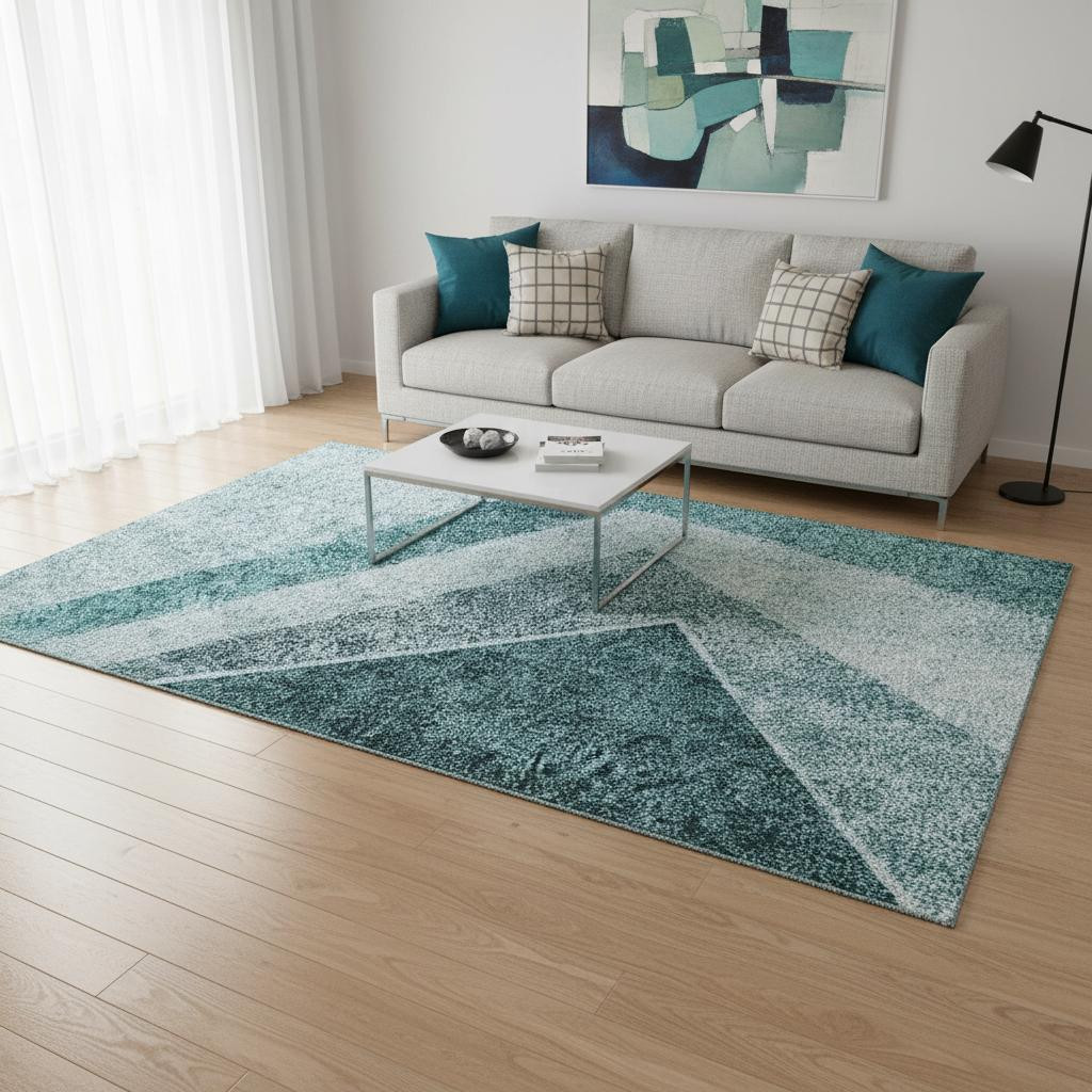 655575 5 x 8 ft. Teal & Ivory Geometric Transitional Washable Machine Made Rectangle Area Rug with UV Protection