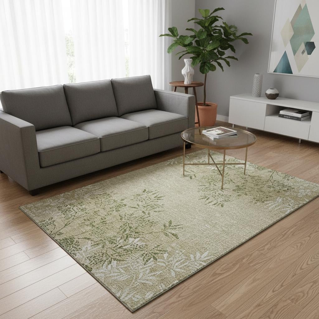 655640 5 x 8 ft. Khaki Green & Ivory Floral Washable Machine Made Rectangle Area Rug with UV Protection