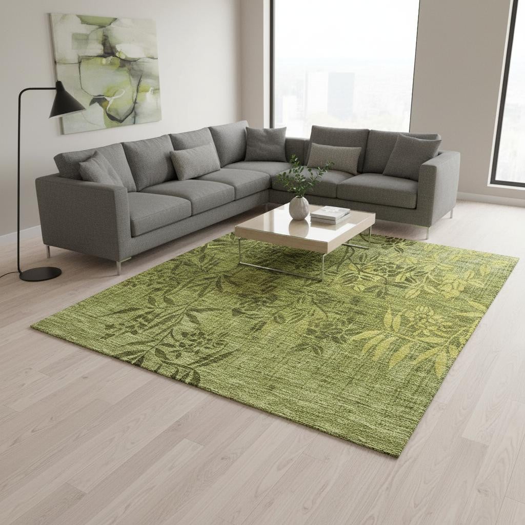 655660 8 x 10 ft. Olive Green & Gold Floral Washable Machine Made Rectangle Area Rug with UV Protection