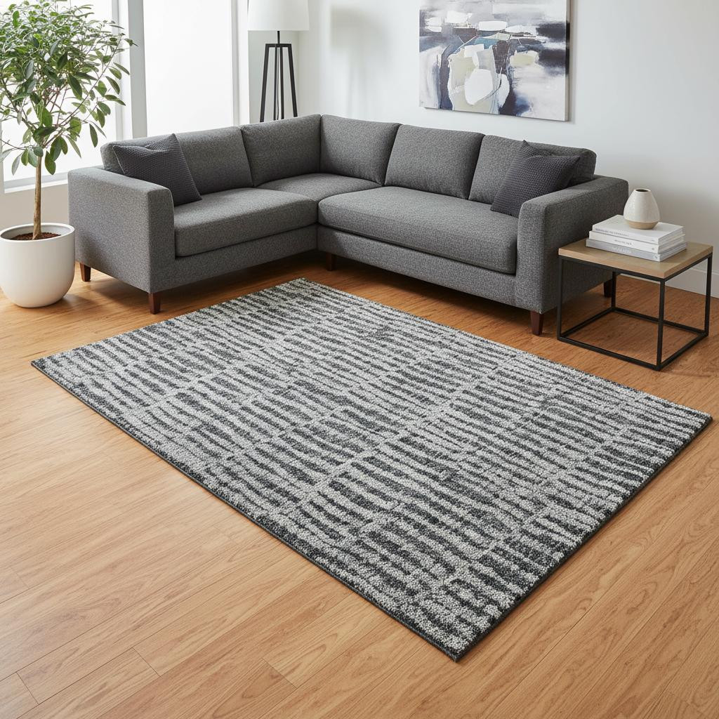 655690 8 x 10 ft. Charcoal & Gray Striped Washable Machine Made Rectangle Area Rug with UV Protection