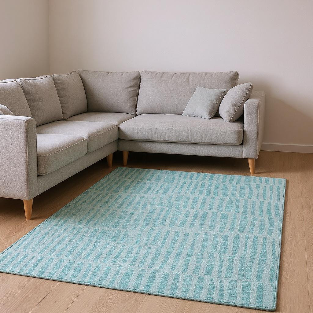 655697 9 x 12 ft. Teal & Ivory Striped Transitional Washable Machine Made Rectangle Area Rug with UV Protection