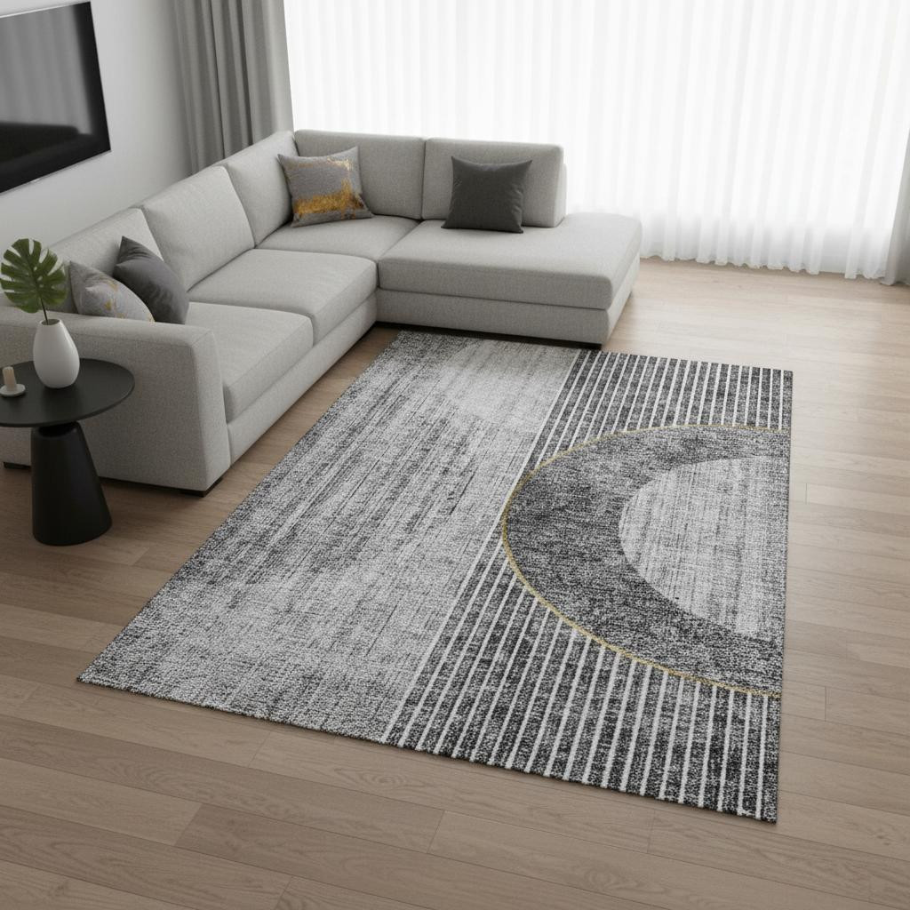 655740 10 x 14 ft. Charcoal Gold & Silver Geometric Washable Machine Made Rectangle Area Rug with UV Protection