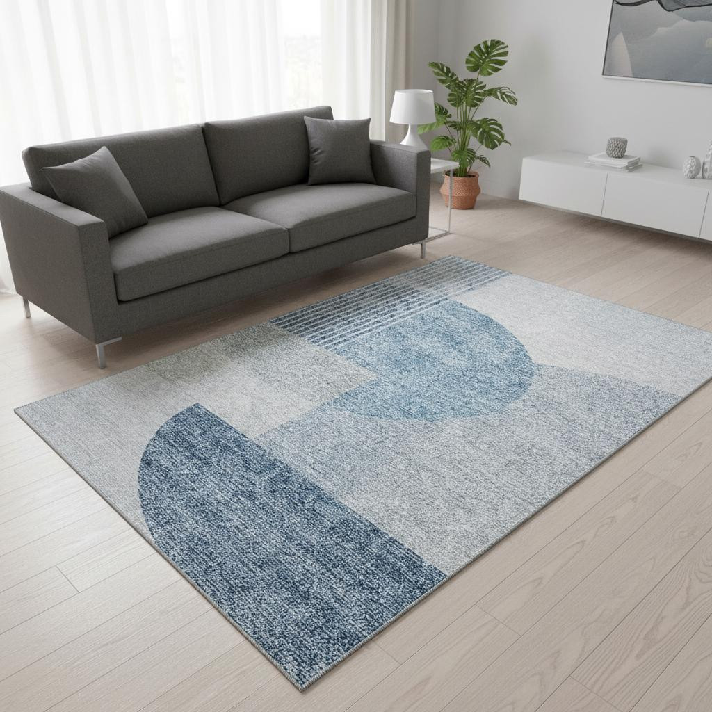 655820 5 x 8 ft. Blue & Ivory Geometric Transitional Washable Machine Made Rectangle Area Rug with UV Protection