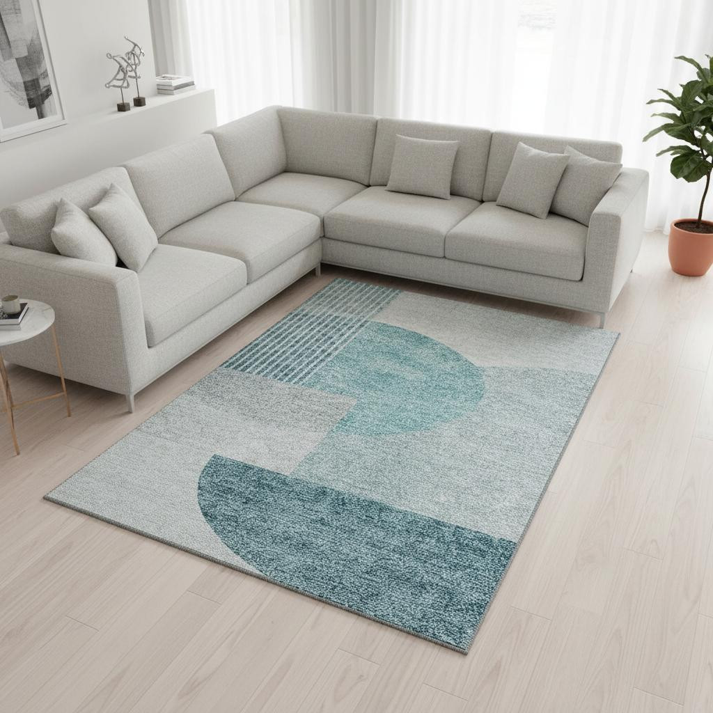 655864 8 x 10 ft. Teal & Ivory Geometric Transitional Washable Machine Made Rectangle Area Rug with UV Protection