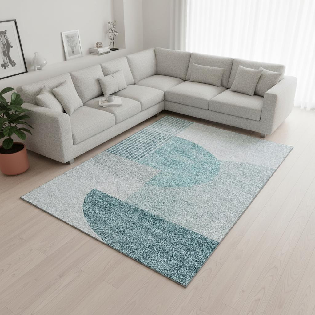 655865 9 x 12 ft. Teal & Ivory Geometric Transitional Washable Machine Made Rectangle Area Rug with UV Protection