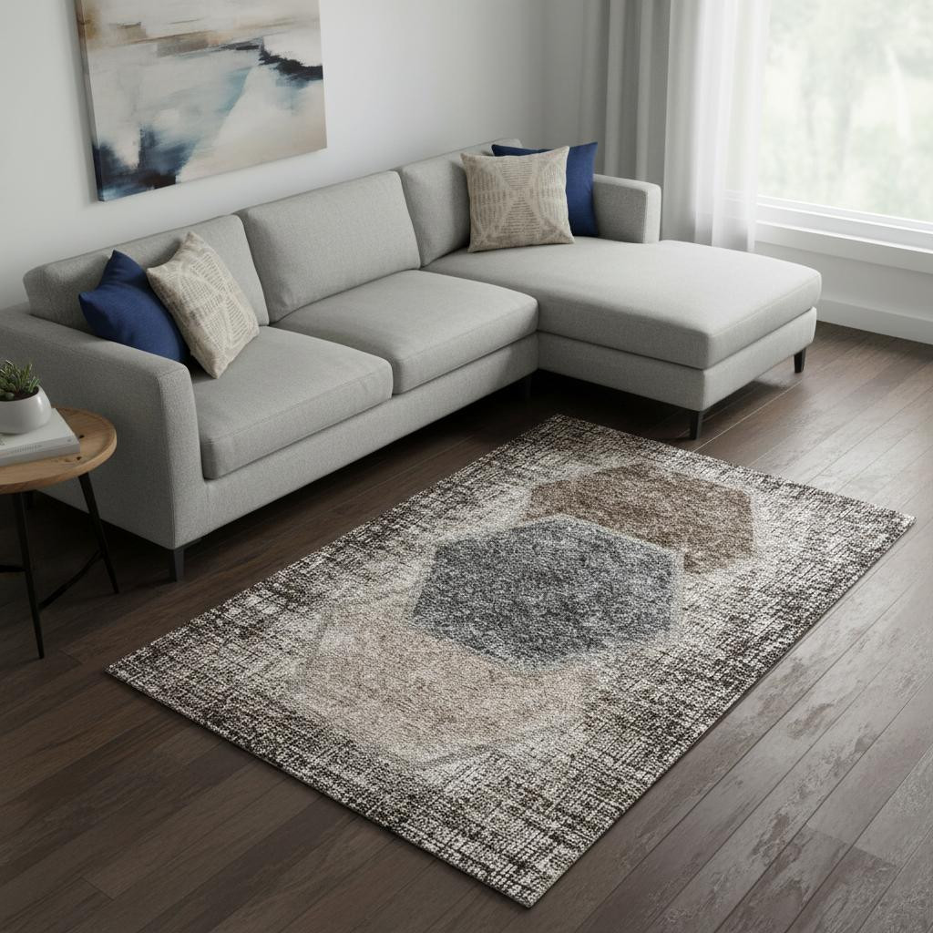 655876 8 x 10 ft. Brown Taupe & Charcoal Geometric Washable Machine Made Rectangle Area Rug with UV Protection