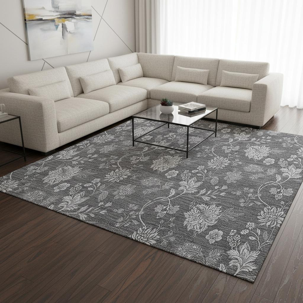 655925 9 x 12 ft. Gray & Silver Floral Transitional Washable Machine Made Rectangle Area Rug with UV Protection