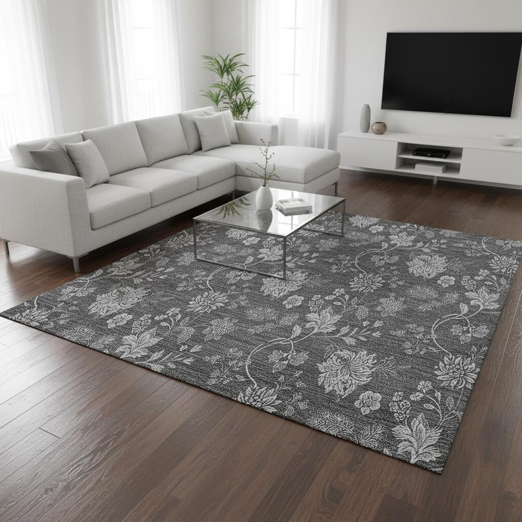 655926 10 x 14 ft. Gray & Silver Floral Transitional Washable Machine Made Rectangle Area Rug with UV Protection