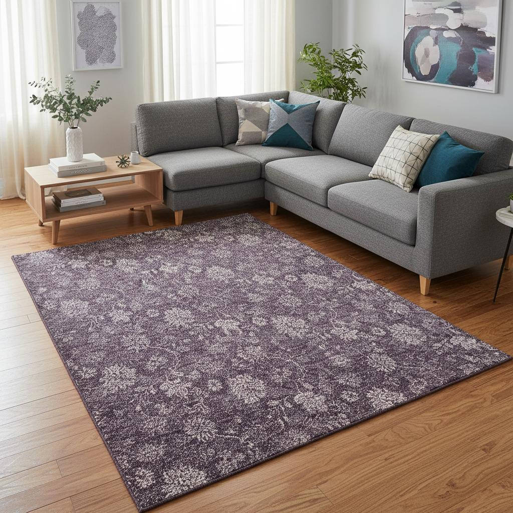 655938 10 x 14 ft. Plum & Ivory Floral Transitional Washable Machine Made Rectangle Area Rug with UV Protection