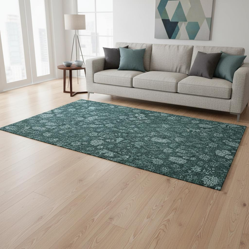 655940 5 x 8 ft. Teal & Ivory Floral Transitional Washable Machine Made Rectangle Area Rug with UV Protection