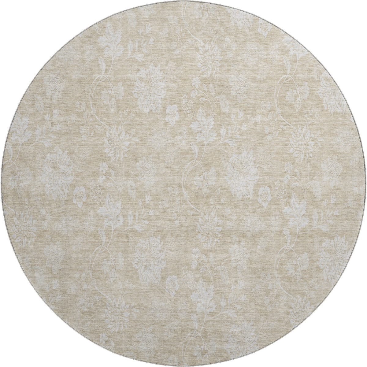 655965 8 ft. Beige & Ivory Floral Transitional Washable Round Area Rug with UV Protection