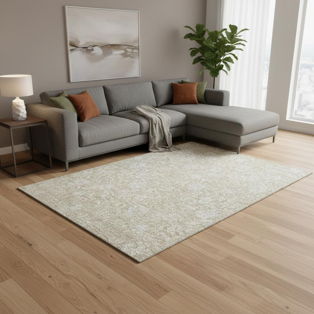 655967 9 x 12 ft. Beige & Ivory Floral Transitional Washable Machine Made Rectangle Area Rug with UV Protection