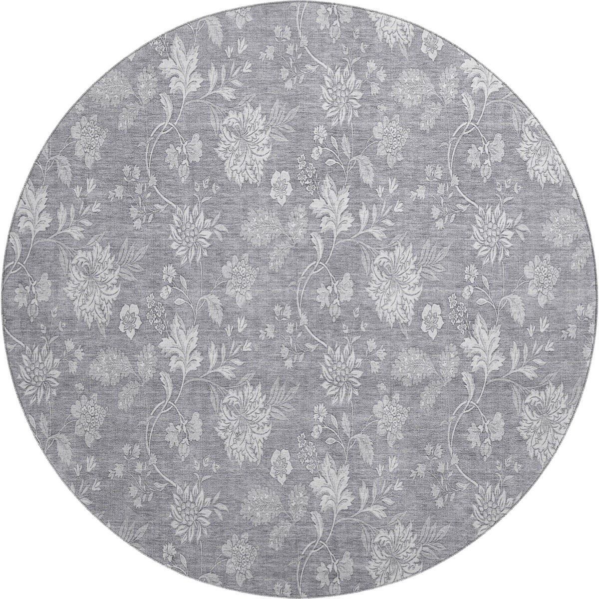 655983 8 ft. Gray & Ivory Floral Transitional Washable Round Area Rug with UV Protection