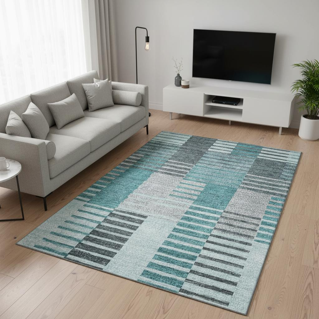 656270 5 x 8 ft. Teal Ivory & Gray Striped Transitional Washable Machine Made Rectangle Area Rug with UV Protection