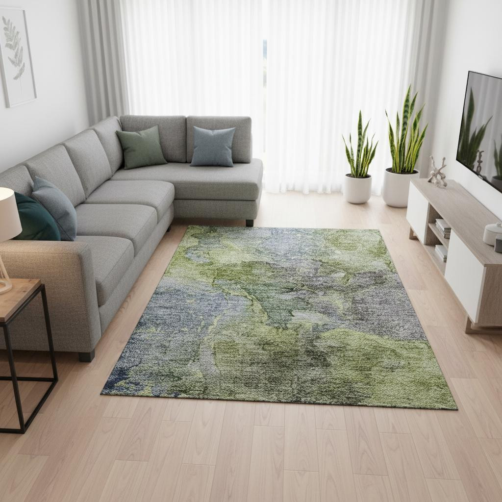 656328 10 x 14 ft. Olive Green & Gray Abstract Transitional Washable Machine Made Rectangle Area Rug with UV Protection