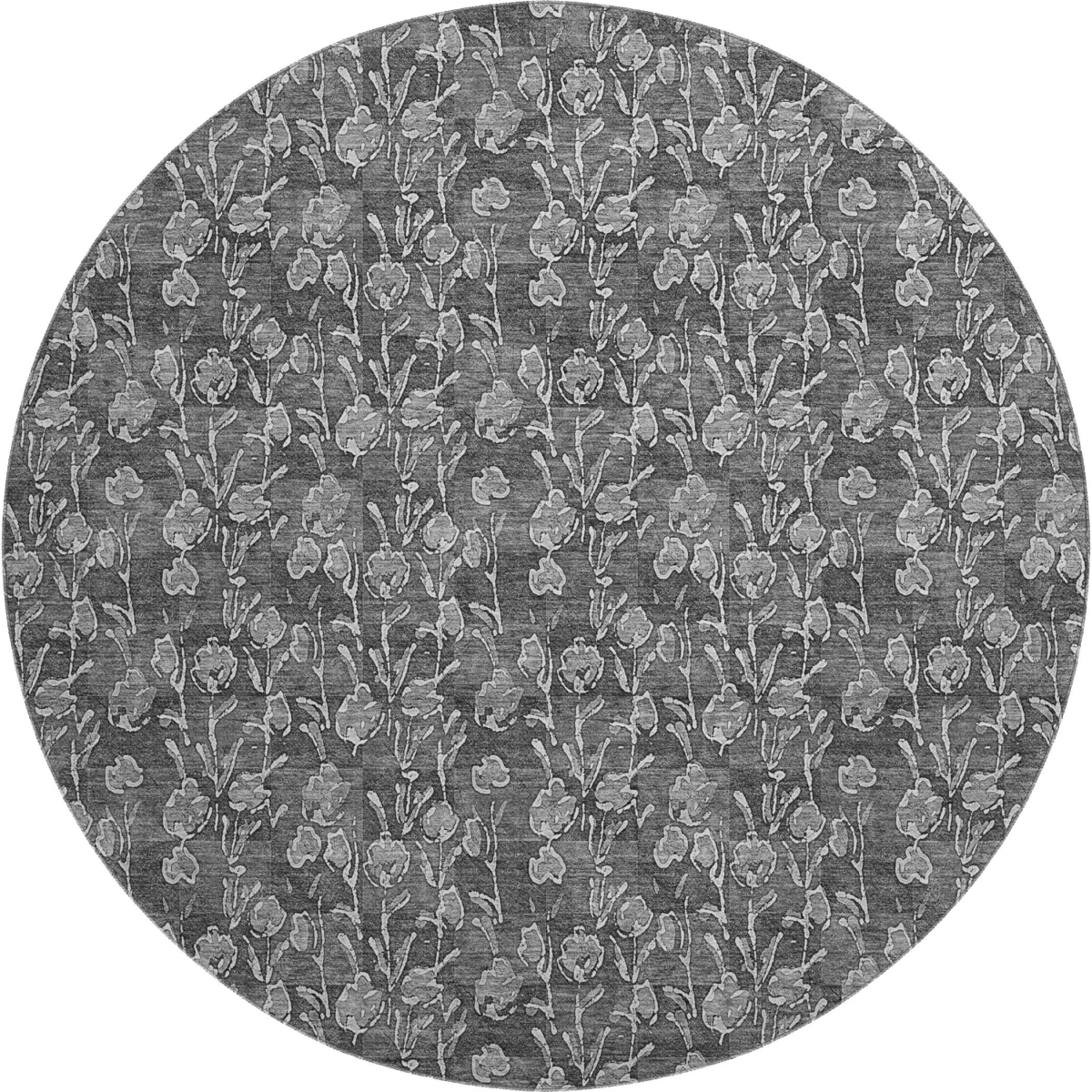 656439 8 ft. Gray & Silver Floral Transitional Washable Round Area Rug with UV Protection