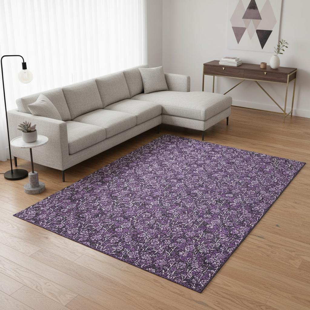 656464 8 x 10 ft. Purple & Ivory Floral Transitional Washable Machine Made Rectangle Area Rug with UV Protection