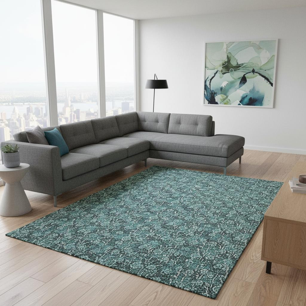 656470 8 x 10 ft. Teal & Ivory Floral Transitional Washable Machine Made Rectangle Area Rug with UV Protection