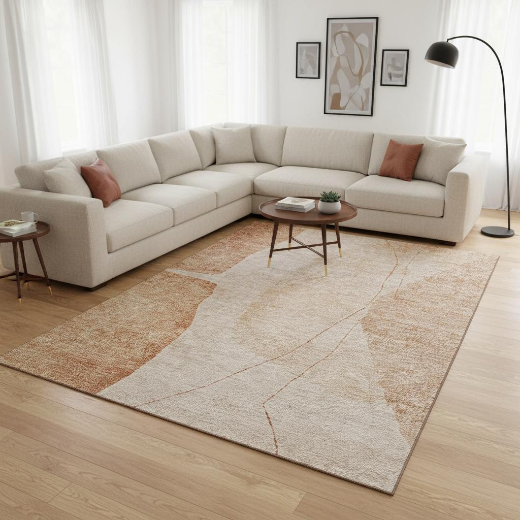 656597 10 x 14 ft. Terra Cotta & Beige Abstract Transitional Washable Machine Made Rectangle Area Rug with UV Protection