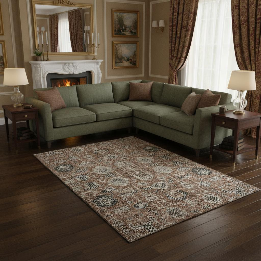 656667 8 x 10 ft. Rust Gray & Charcoal Oriental Washable Machine Made Rectangle Area Rug with UV Protection