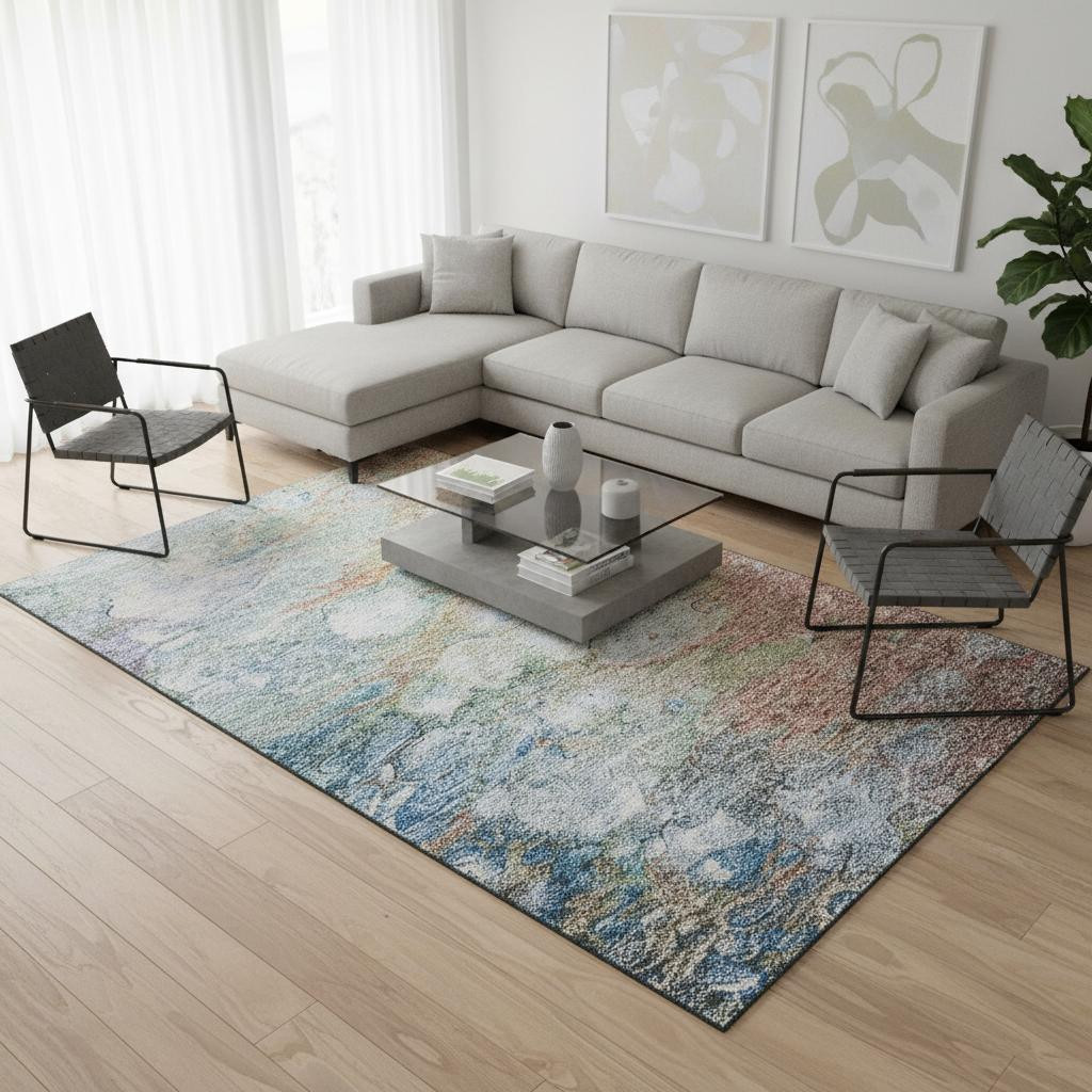 656715 8 x 10 ft. Coral Blue & Ivory Abstract Washable Machine Made Rectangle Area Rug with UV Protection