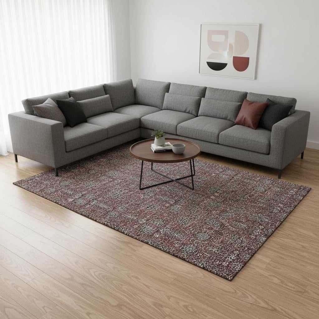 656836 9 x 12 ft. Merlot & Gray Floral Washable Machine Made Rectangle Area Rug with UV Protection