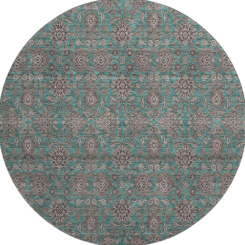 656858 8 ft. Teal & Beige Floral Transitional Washable Round Area Rug with UV Protection