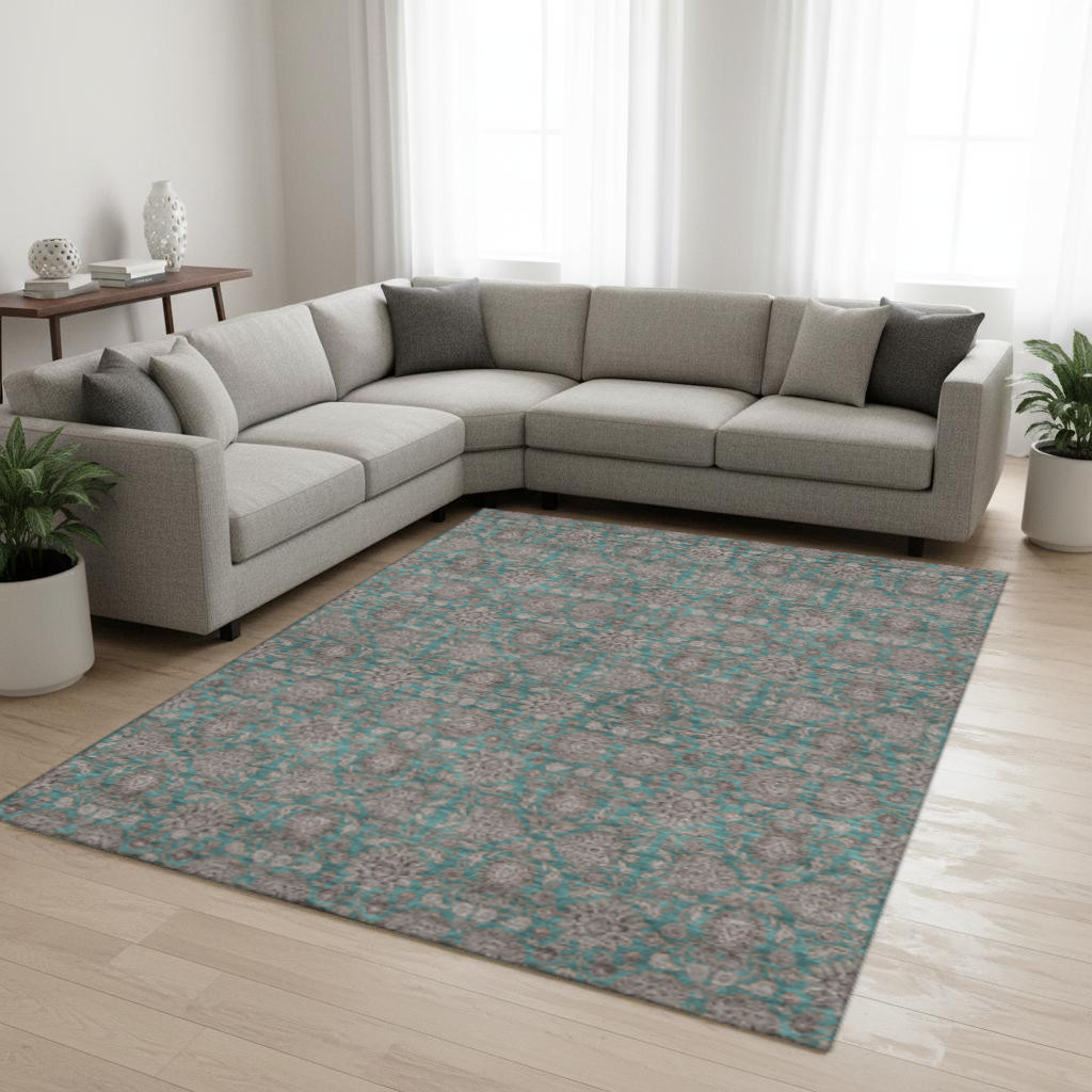 656859 8 x 10 ft. Teal & Beige Floral Transitional Washable Machine Made Rectangle Area Rug with UV Protection
