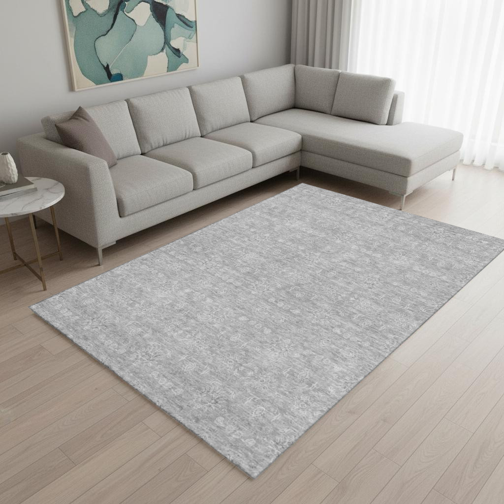 656896 9 x 12 ft. Gray & Ivory Floral Transitional Washable Machine Made Rectangle Area Rug with UV Protection