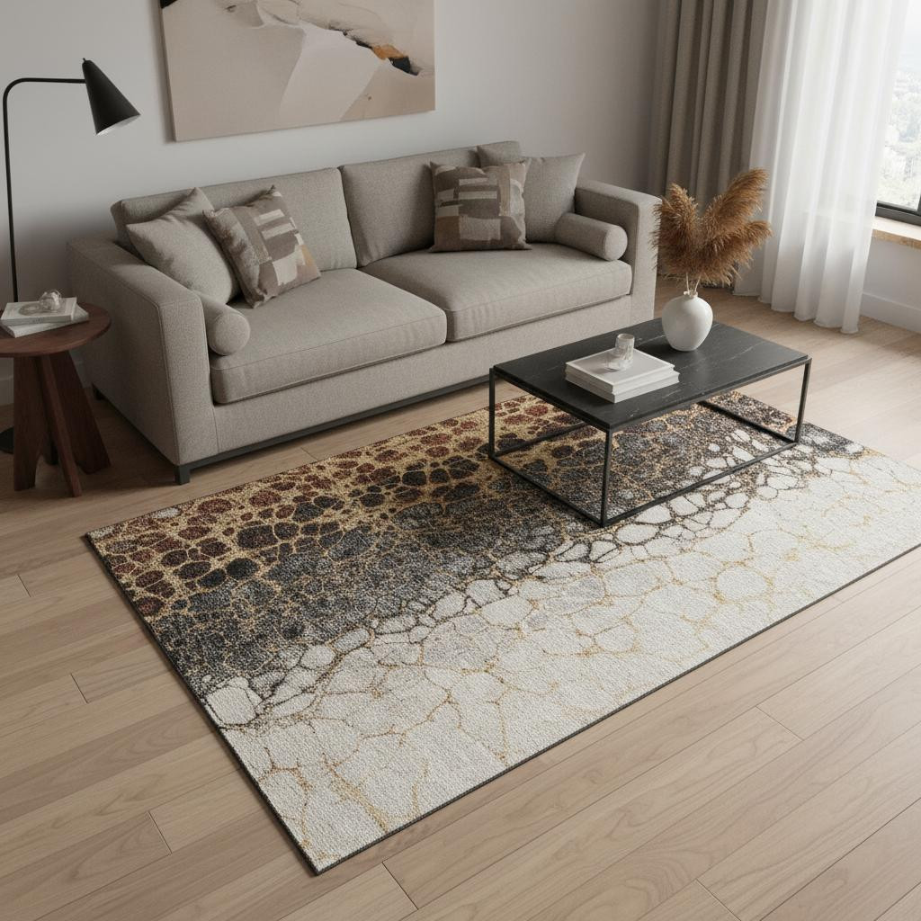 657073 5 x 8 ft. Ivory Gray & Gold Abstract Washable Machine Made Rectangle Area Rug with UV Protection
