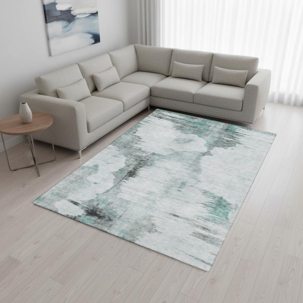 657237 8 x 10 ft. Teal, Gray & Ivory Abstract Transitional Washable Machine Made Rectangle Area Rug with UV Protection
