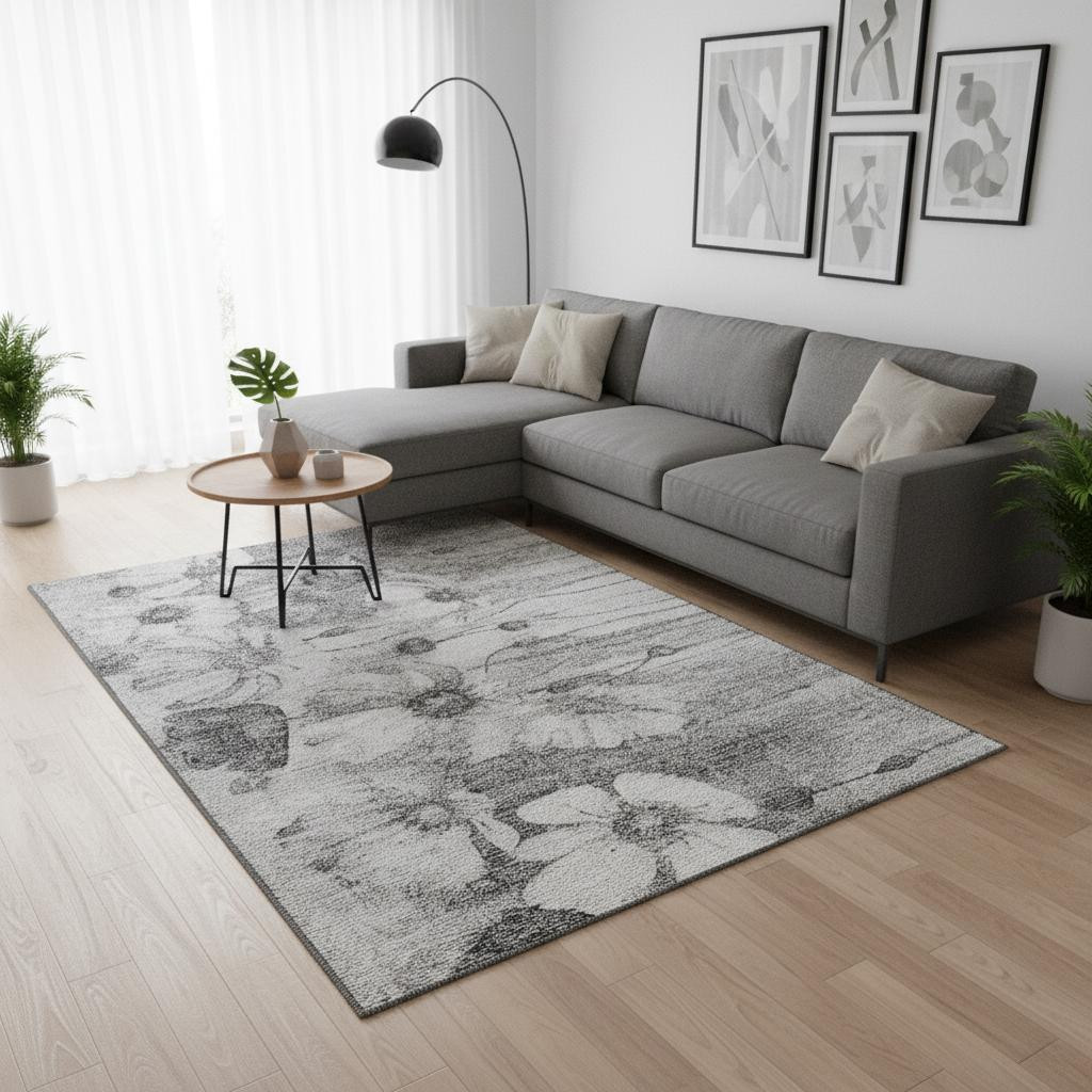 657304 9 x 12 ft. Gray & Silver Floral Transitional Washable Machine Made Rectangle Area Rug with UV Protection