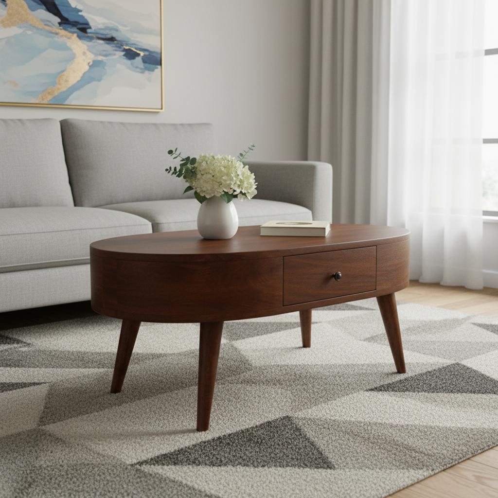 657346 34 in. Solid Wood Oval Coffee Table with Two Drawers - Chestnut