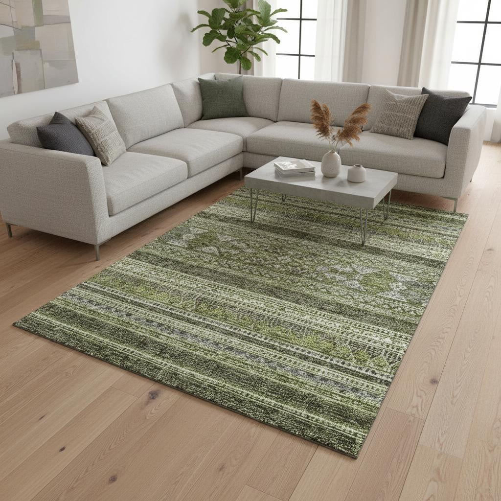 657436 9 x 12 ft. Olive Green, Gray & Ivory Southwestern Washable Machine Made Rectangle Area Rug with UV Protection