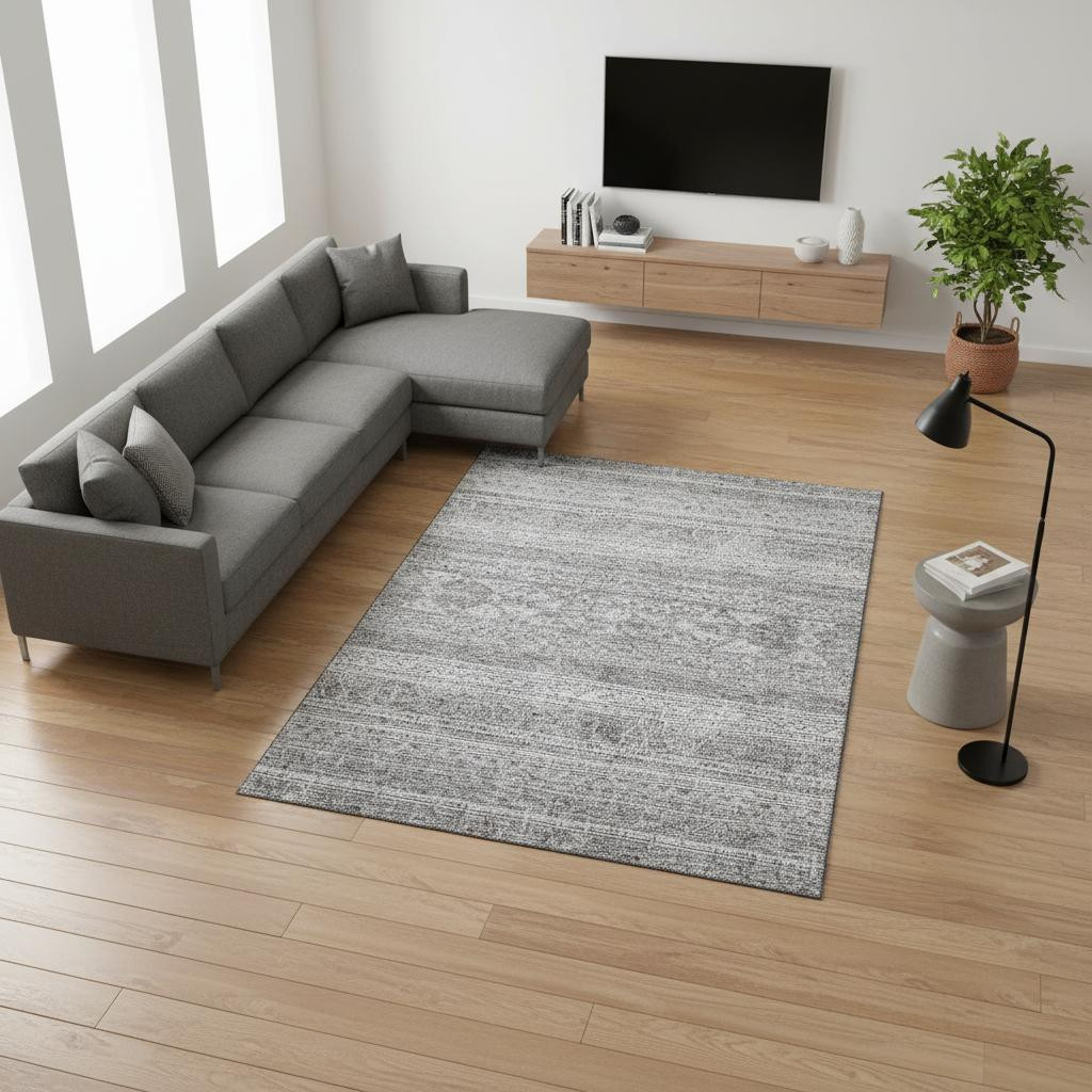 657453 8 x 10 ft. Silver & Gray Southwestern Transitional Washable Machine Made Rectangle Area Rug with UV Protection