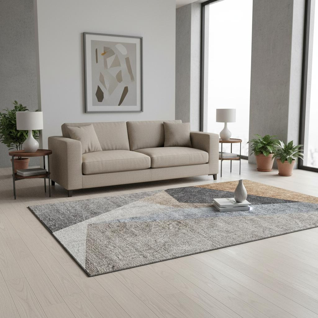 657469 5 x 8 ft. Taupe Blue & Beige Geometric Washable Machine Made Rectangle Area Rug with UV Protection