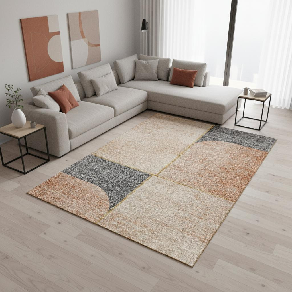 657496 9 x 12 ft. Coral Gray & Gold Geometric Washable Machine Made Rectangle Area Rug with UV Protection